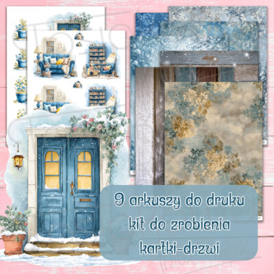 Mini zestaw do kartki – Zimowe drzwi (9 arkuszy DO DRUKU)
