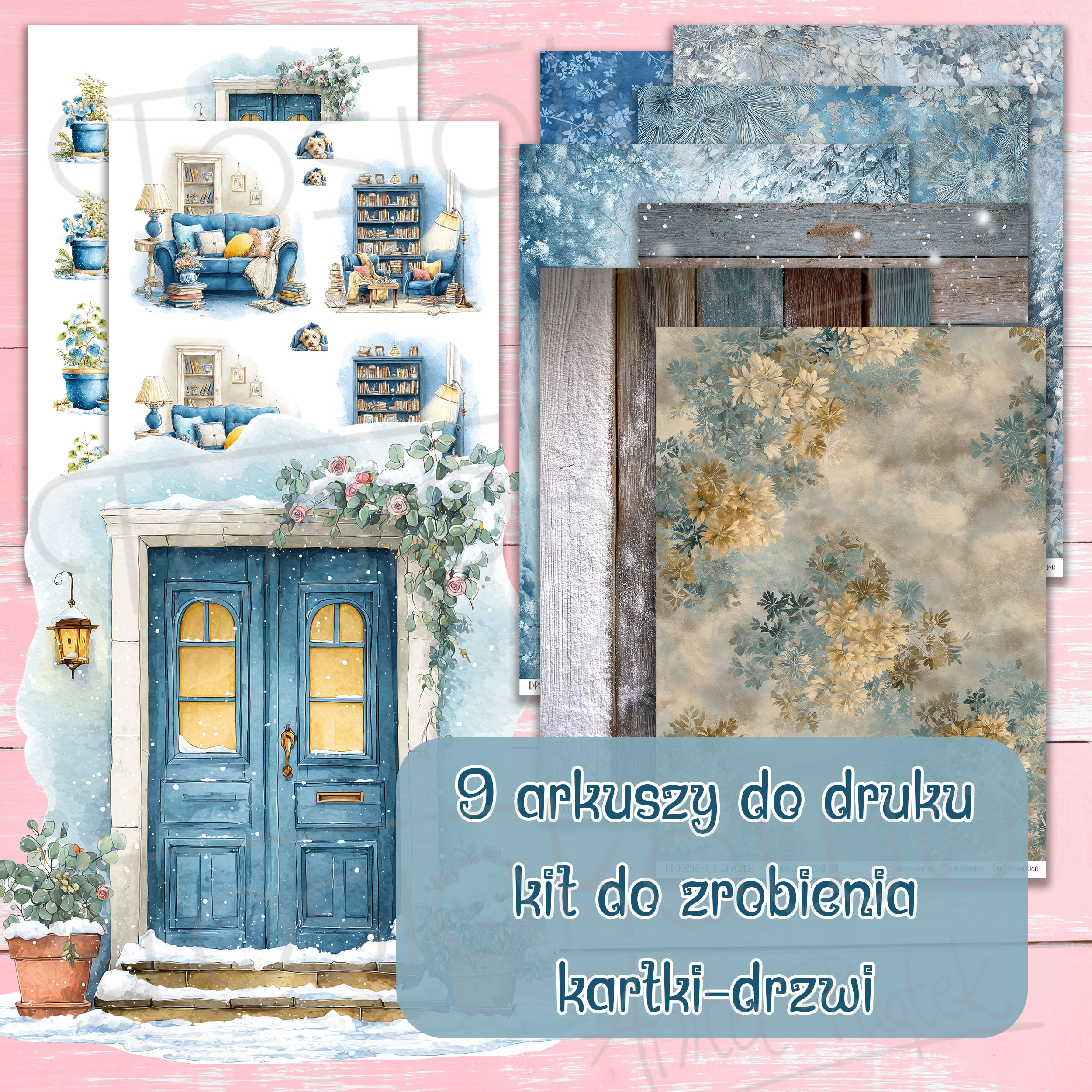 Mini zestaw do kartki – Zimowe drzwi (9 arkuszy DO DRUKU)