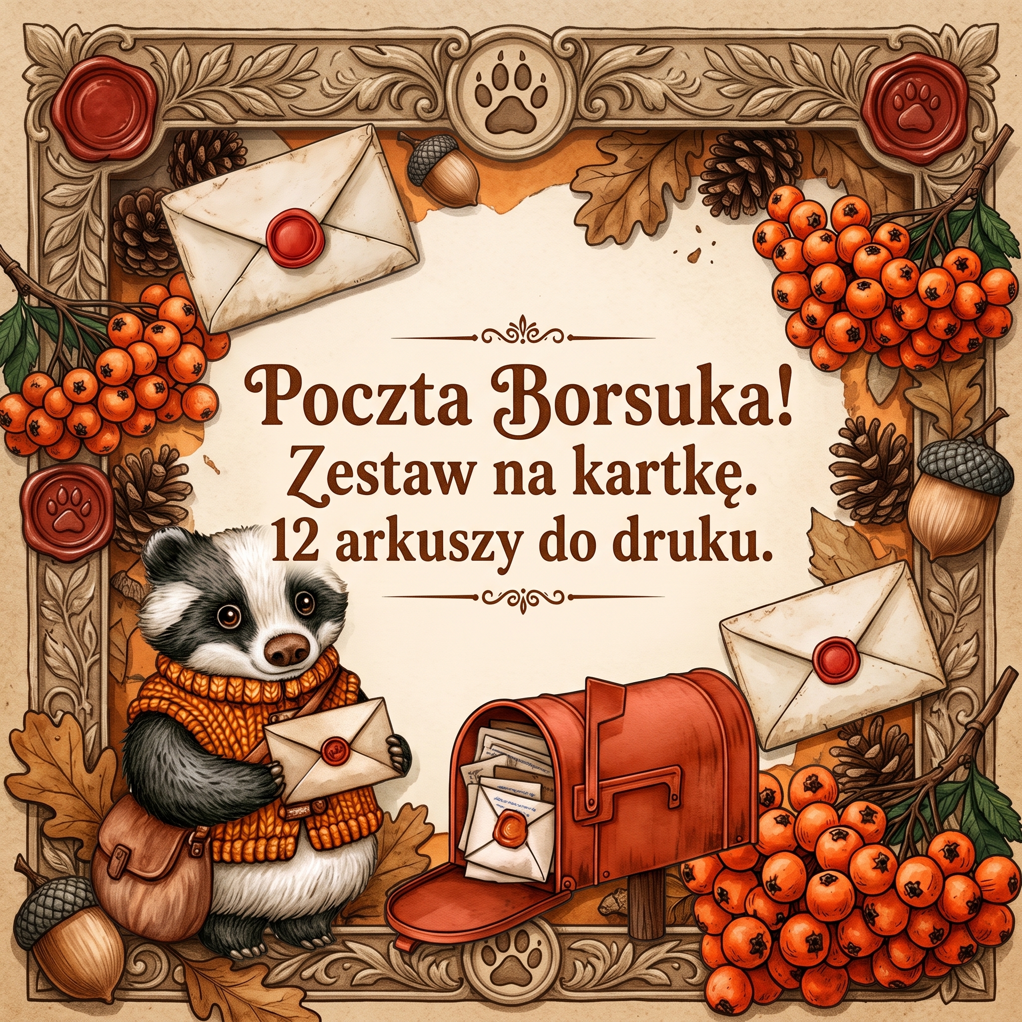 „Poczta Borsuka” - zestaw na kartkę (12 arkuszy do druku)